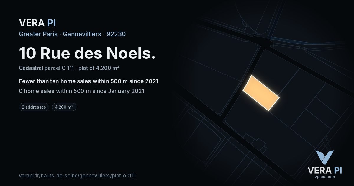 10 Rue des Noels, Gennevilliers at night – the plot lit, the parcels around coloured by the prices near them