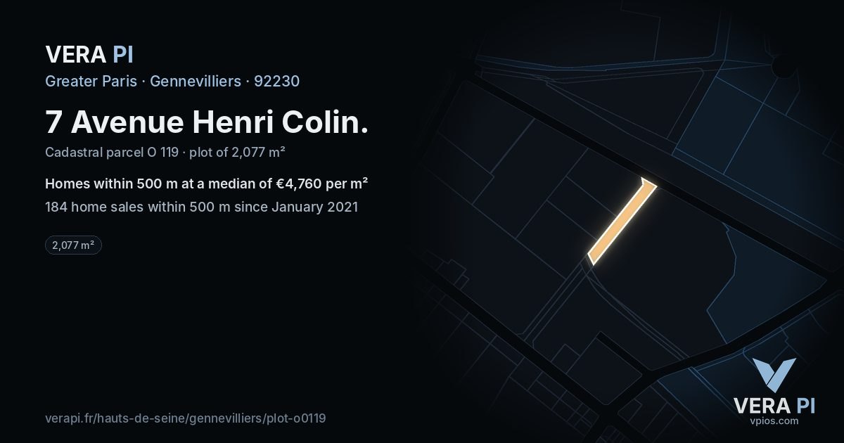 7 Avenue Henri Colin, Gennevilliers at night – the plot lit, the parcels around coloured by the prices near them