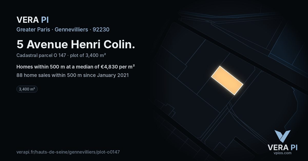 5 Avenue Henri Colin, Gennevilliers at night – the plot lit, the parcels around coloured by the prices near them
