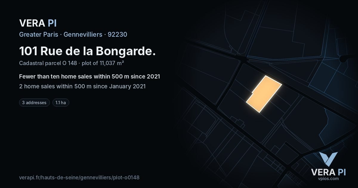 101 Rue de la Bongarde, Gennevilliers at night – the plot lit, the parcels around coloured by the prices near them