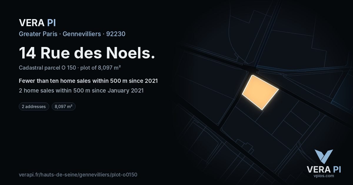 14 Rue des Noels, Gennevilliers at night – the plot lit, the parcels around coloured by the prices near them