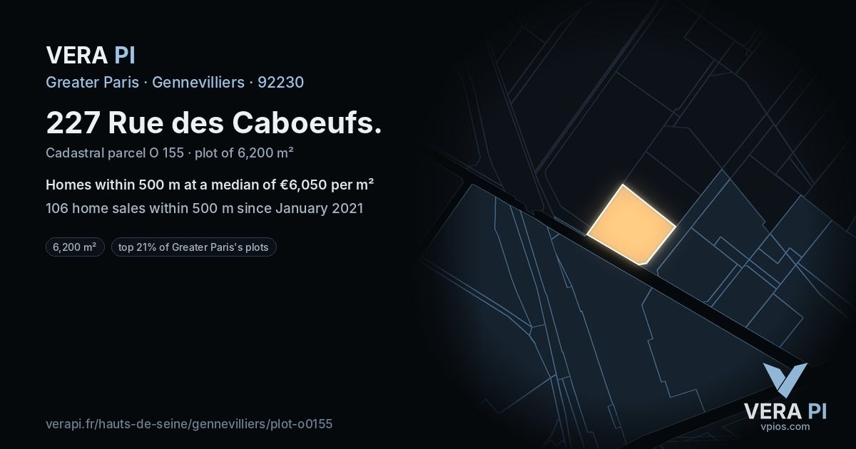 227 Rue des Caboeufs, Gennevilliers at night – the plot lit, the parcels around coloured by the prices near them