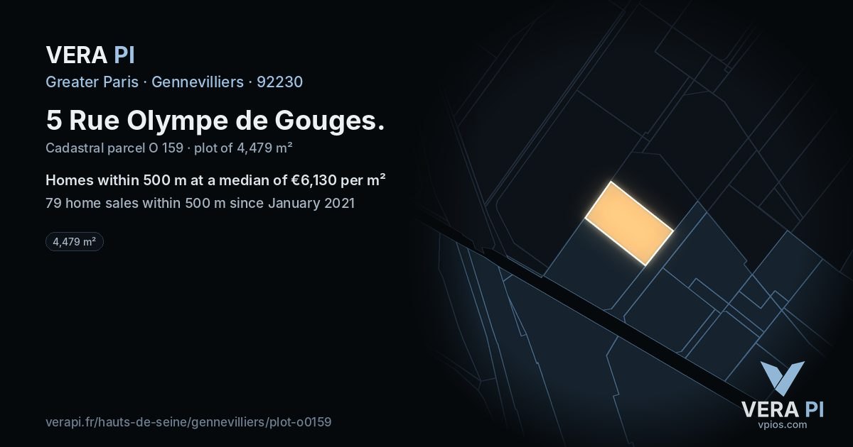 5 Rue Olympe de Gouges, Gennevilliers at night – the plot lit, the parcels around coloured by the prices near them