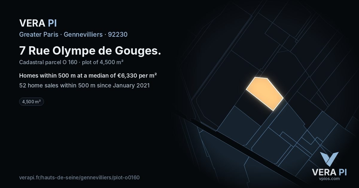 7 Rue Olympe de Gouges, Gennevilliers at night – the plot lit, the parcels around coloured by the prices near them