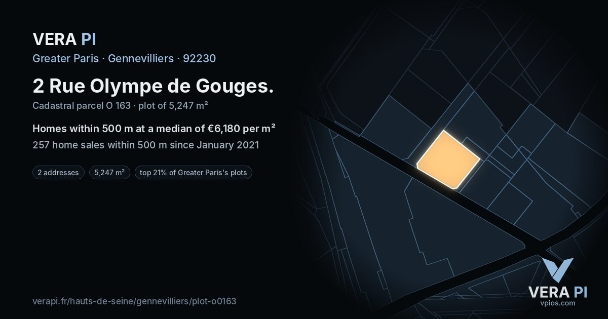 2 Rue Olympe de Gouges, Gennevilliers at night – the plot lit, the parcels around coloured by the prices near them