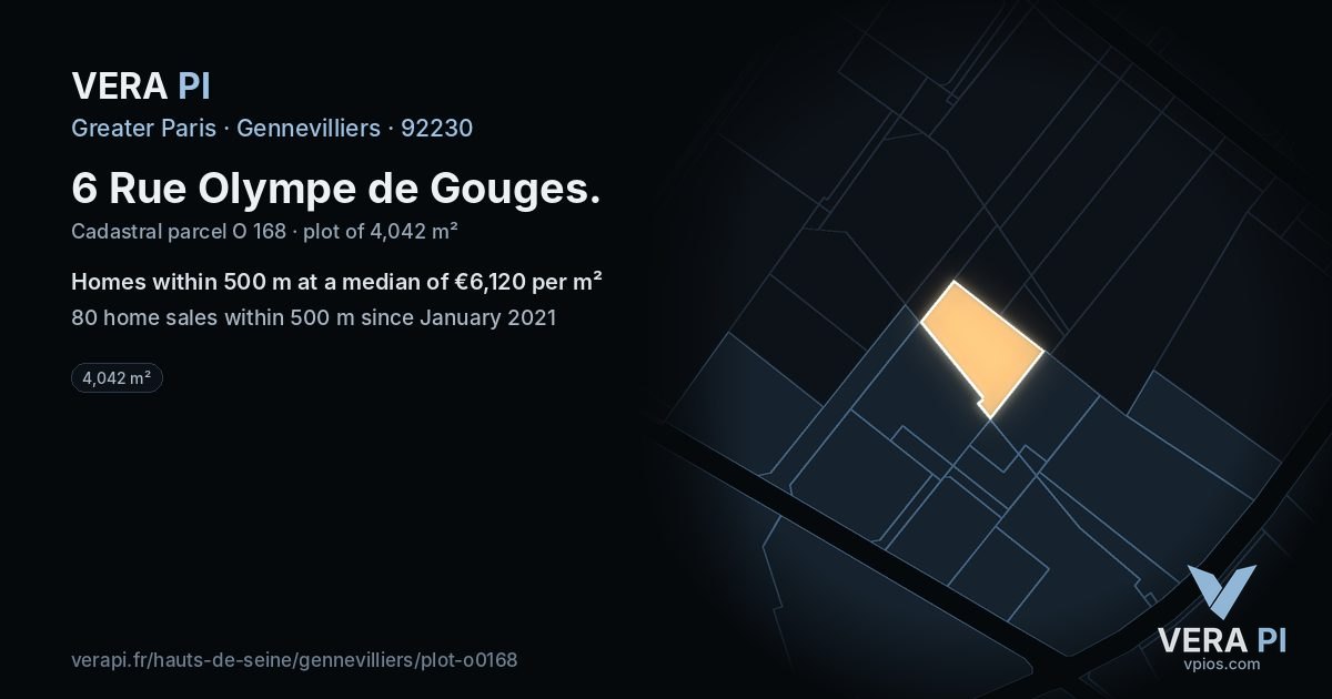 6 Rue Olympe de Gouges, Gennevilliers at night – the plot lit, the parcels around coloured by the prices near them