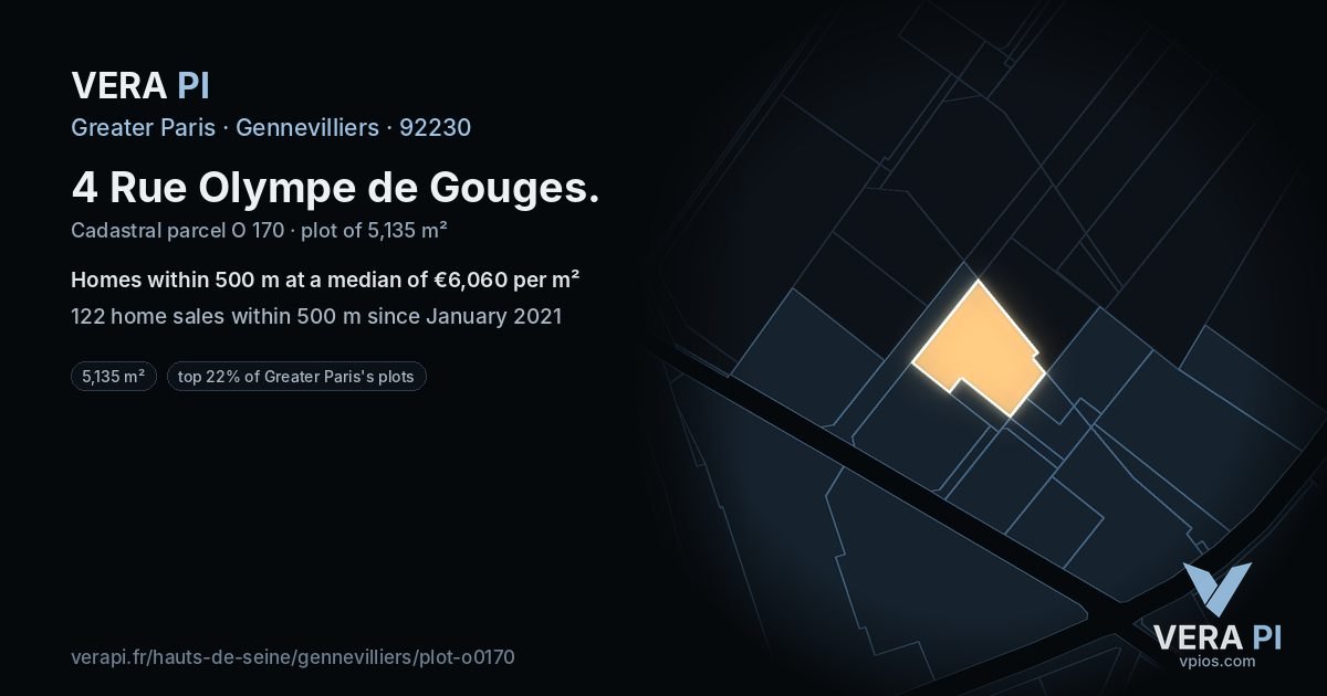 4 Rue Olympe de Gouges, Gennevilliers at night – the plot lit, the parcels around coloured by the prices near them