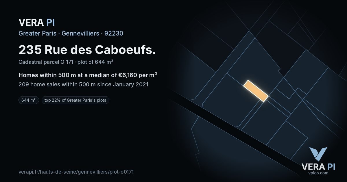 235 Rue des Caboeufs, Gennevilliers at night – the plot lit, the parcels around coloured by the prices near them