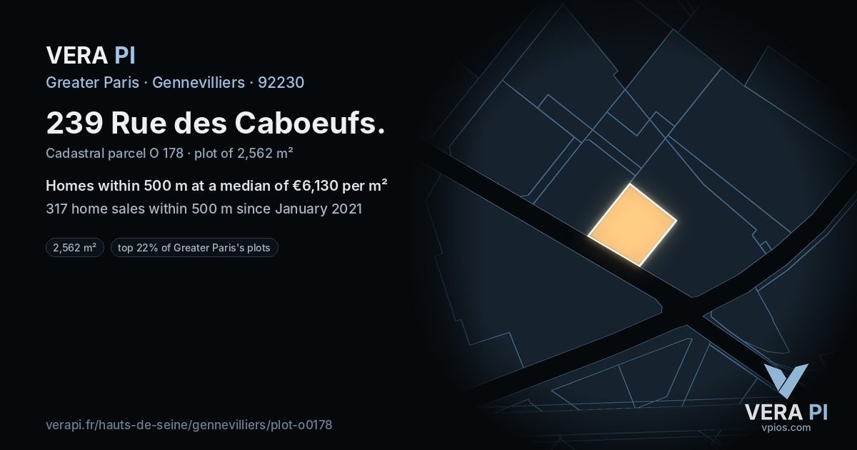 239 Rue des Caboeufs, Gennevilliers at night – the plot lit, the parcels around coloured by the prices near them