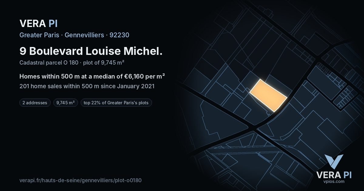 9 Boulevard Louise Michel, Gennevilliers at night – the plot lit, the parcels around coloured by the prices near them
