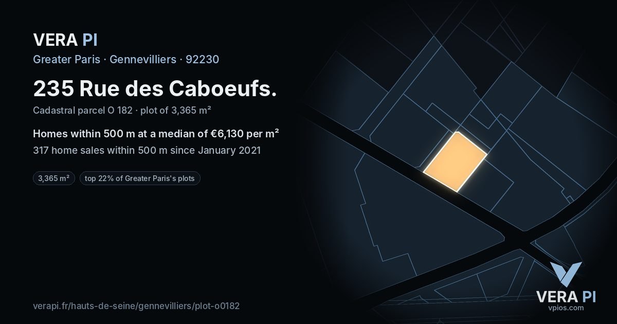 235 Rue des Caboeufs, Gennevilliers at night – the plot lit, the parcels around coloured by the prices near them