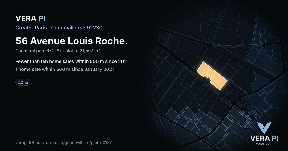 56 Avenue Louis Roche, Gennevilliers at night – the plot lit, the parcels around coloured by the prices near them