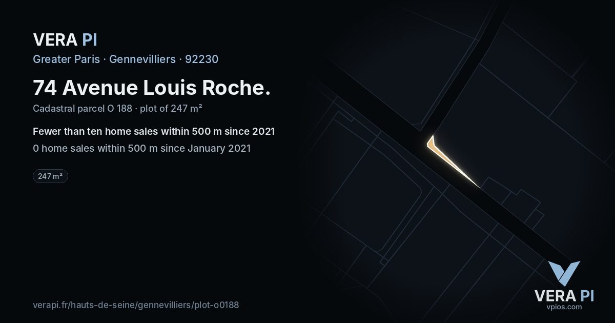 74 Avenue Louis Roche, Gennevilliers at night – the plot lit, the parcels around coloured by the prices near them