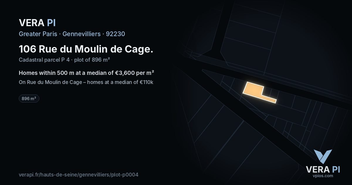 106 Rue du Moulin de Cage, Gennevilliers at night – the plot lit, the parcels around coloured by the prices near them