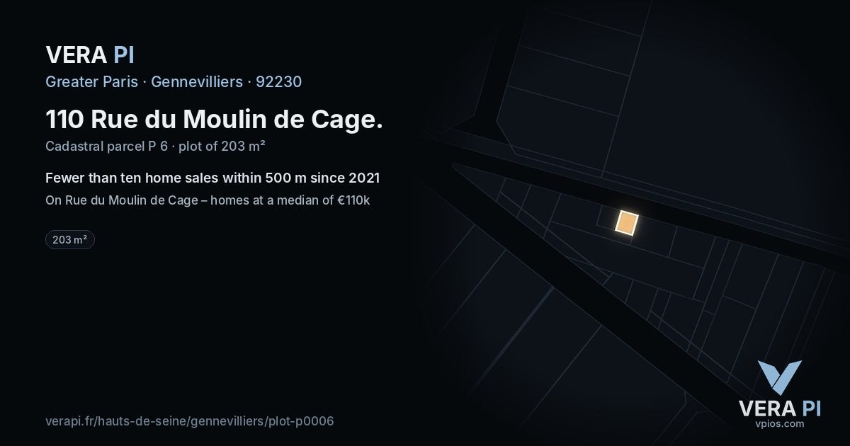 110 Rue du Moulin de Cage, Gennevilliers at night – the plot lit, the parcels around coloured by the prices near them