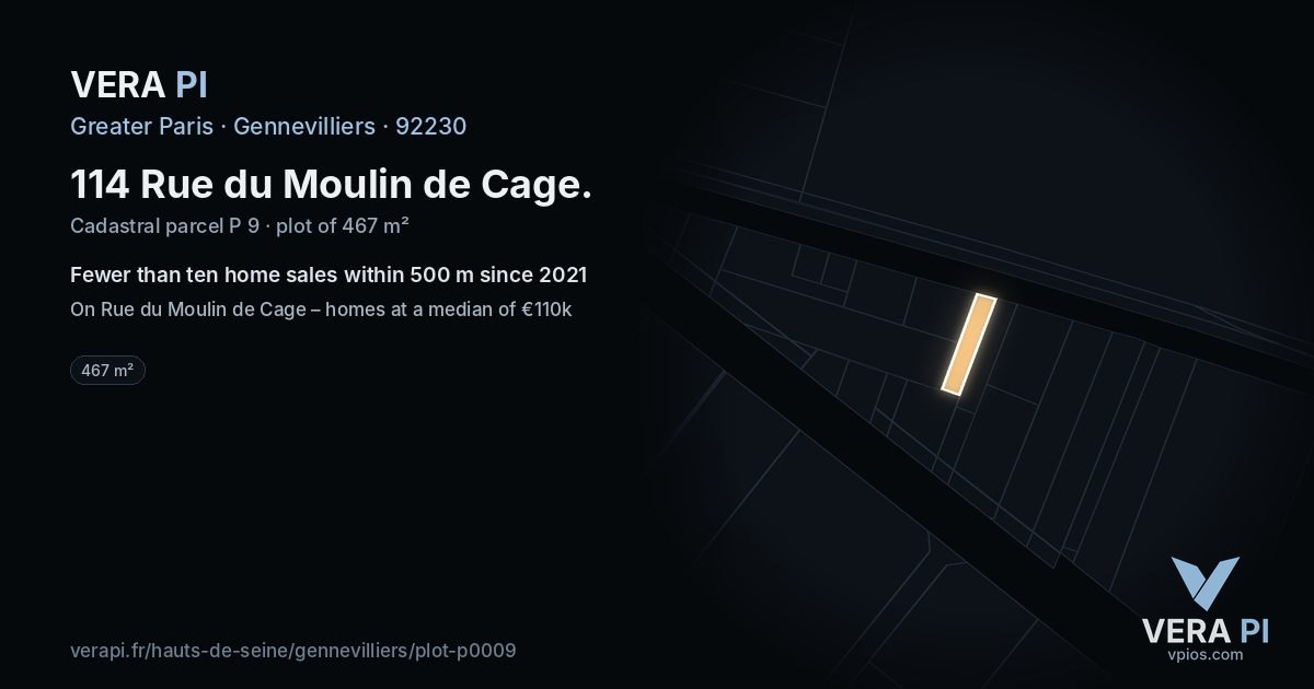 114 Rue du Moulin de Cage, Gennevilliers at night – the plot lit, the parcels around coloured by the prices near them