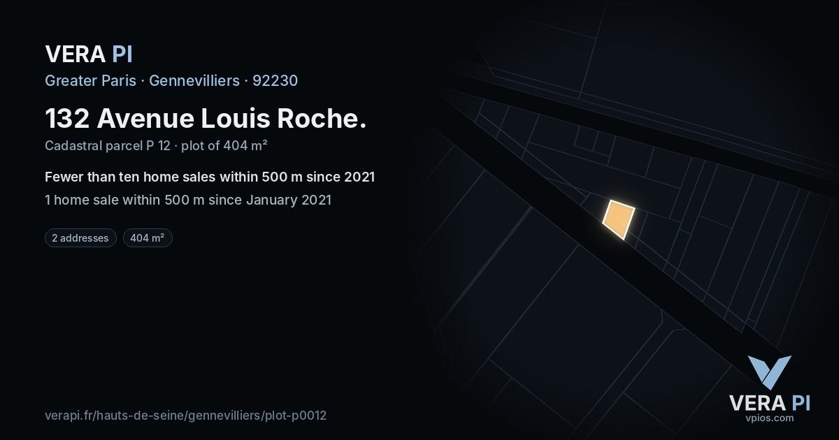 132 Avenue Louis Roche, Gennevilliers at night – the plot lit, the parcels around coloured by the prices near them