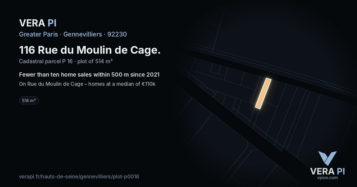 116 Rue du Moulin de Cage, Gennevilliers at night – the plot lit, the parcels around coloured by the prices near them