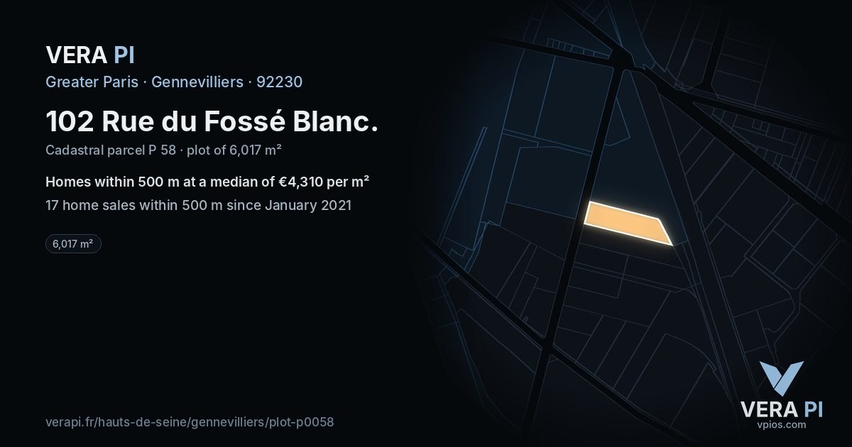 102 Rue du Fossé Blanc, Gennevilliers at night – the plot lit, the parcels around coloured by the prices near them