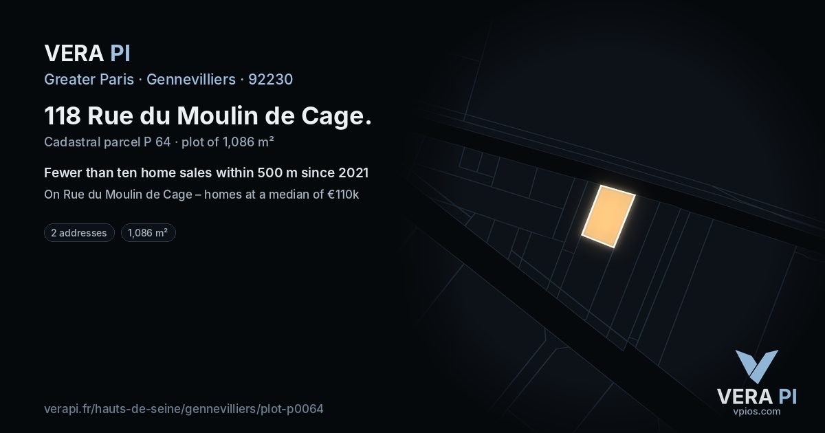 118 Rue du Moulin de Cage, Gennevilliers at night – the plot lit, the parcels around coloured by the prices near them