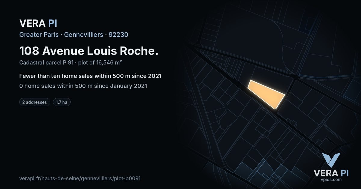 108 Avenue Louis Roche, Gennevilliers at night – the plot lit, the parcels around coloured by the prices near them