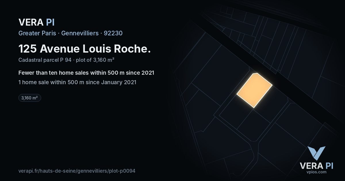 125 Avenue Louis Roche, Gennevilliers at night – the plot lit, the parcels around coloured by the prices near them
