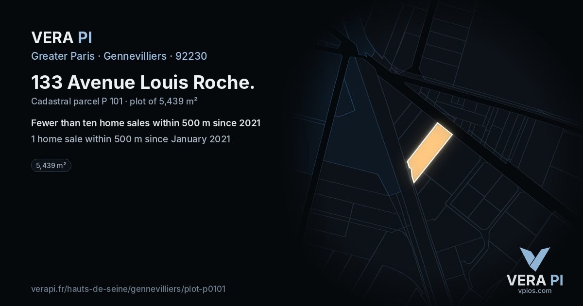 133 Avenue Louis Roche, Gennevilliers at night – the plot lit, the parcels around coloured by the prices near them