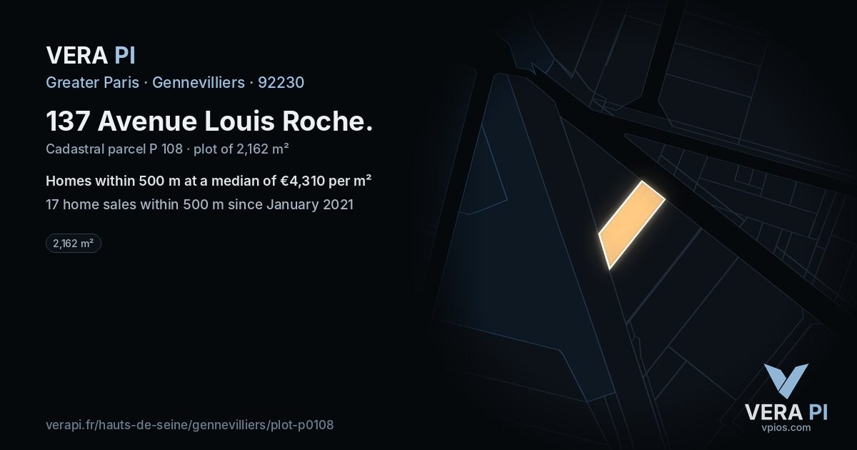 137 Avenue Louis Roche, Gennevilliers at night – the plot lit, the parcels around coloured by the prices near them