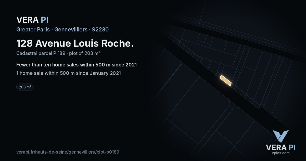 128 Avenue Louis Roche, Gennevilliers at night – the plot lit, the parcels around coloured by the prices near them
