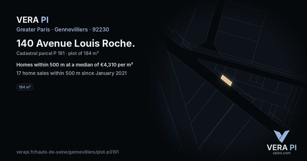 140 Avenue Louis Roche, Gennevilliers at night – the plot lit, the parcels around coloured by the prices near them