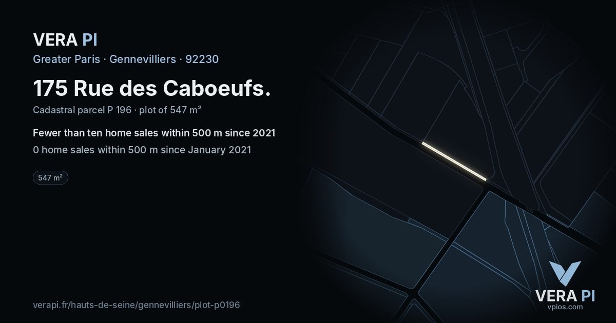 175 Rue des Caboeufs, Gennevilliers at night – the plot lit, the parcels around coloured by the prices near them