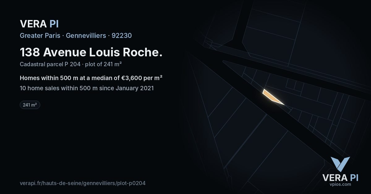 138 Avenue Louis Roche, Gennevilliers at night – the plot lit, the parcels around coloured by the prices near them
