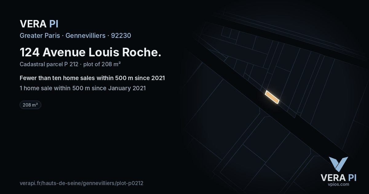 124 Avenue Louis Roche, Gennevilliers at night – the plot lit, the parcels around coloured by the prices near them