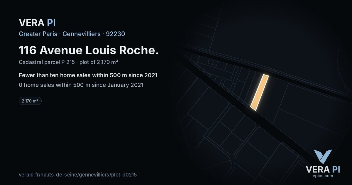 116 Avenue Louis Roche, Gennevilliers at night – the plot lit, the parcels around coloured by the prices near them