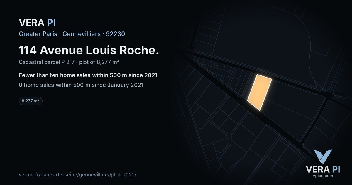 114 Avenue Louis Roche, Gennevilliers at night – the plot lit, the parcels around coloured by the prices near them