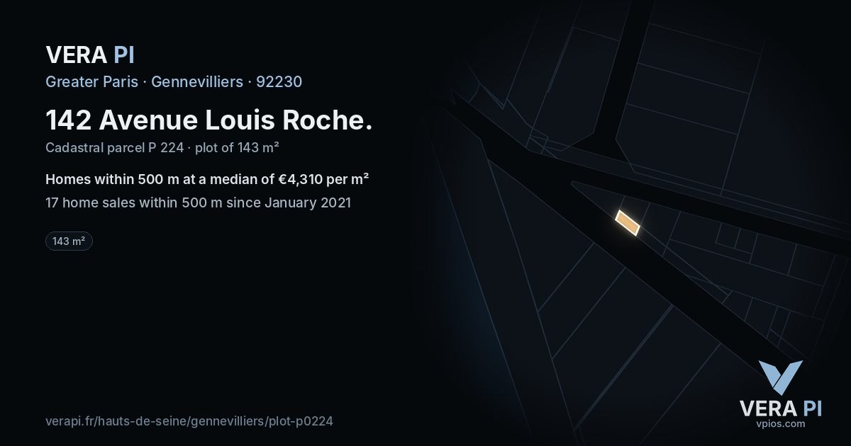142 Avenue Louis Roche, Gennevilliers at night – the plot lit, the parcels around coloured by the prices near them