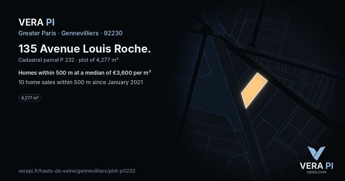 135 Avenue Louis Roche, Gennevilliers at night – the plot lit, the parcels around coloured by the prices near them