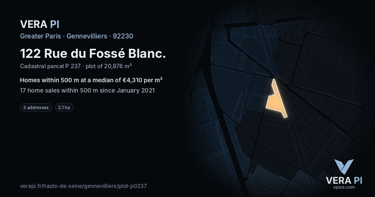 122 Rue du Fossé Blanc, Gennevilliers at night – the plot lit, the parcels around coloured by the prices near them