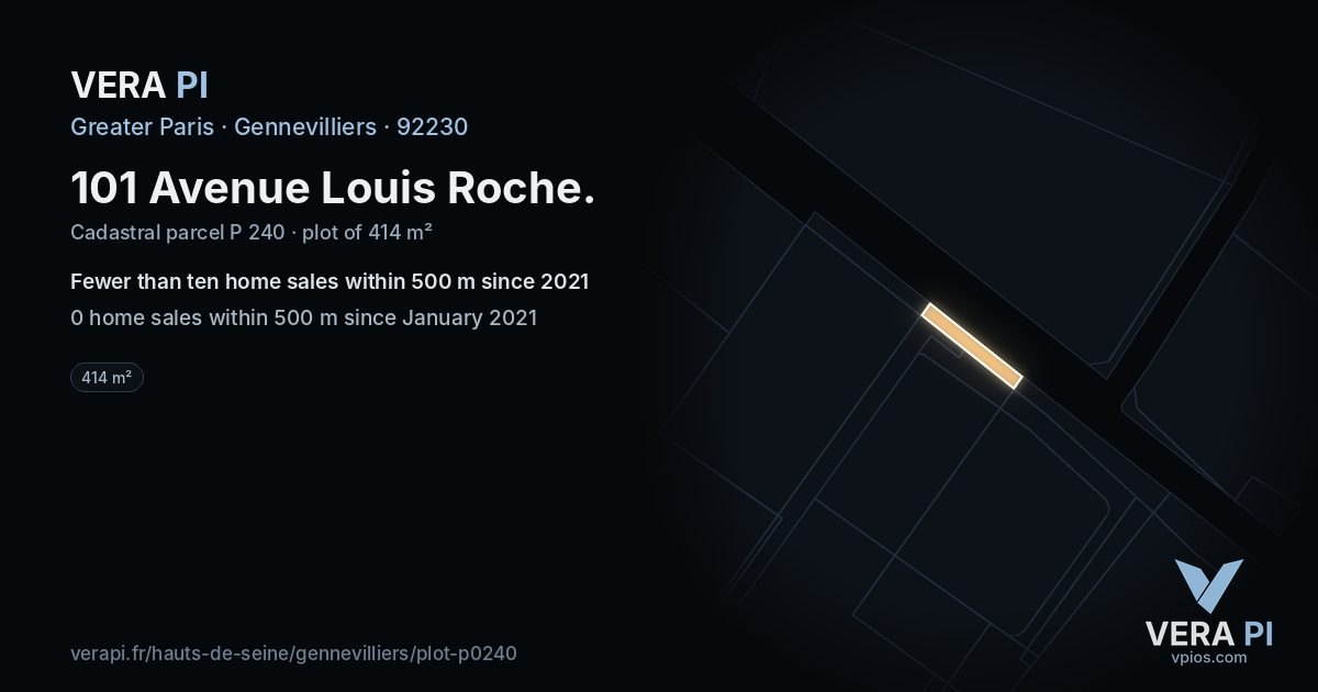101 Avenue Louis Roche, Gennevilliers at night – the plot lit, the parcels around coloured by the prices near them