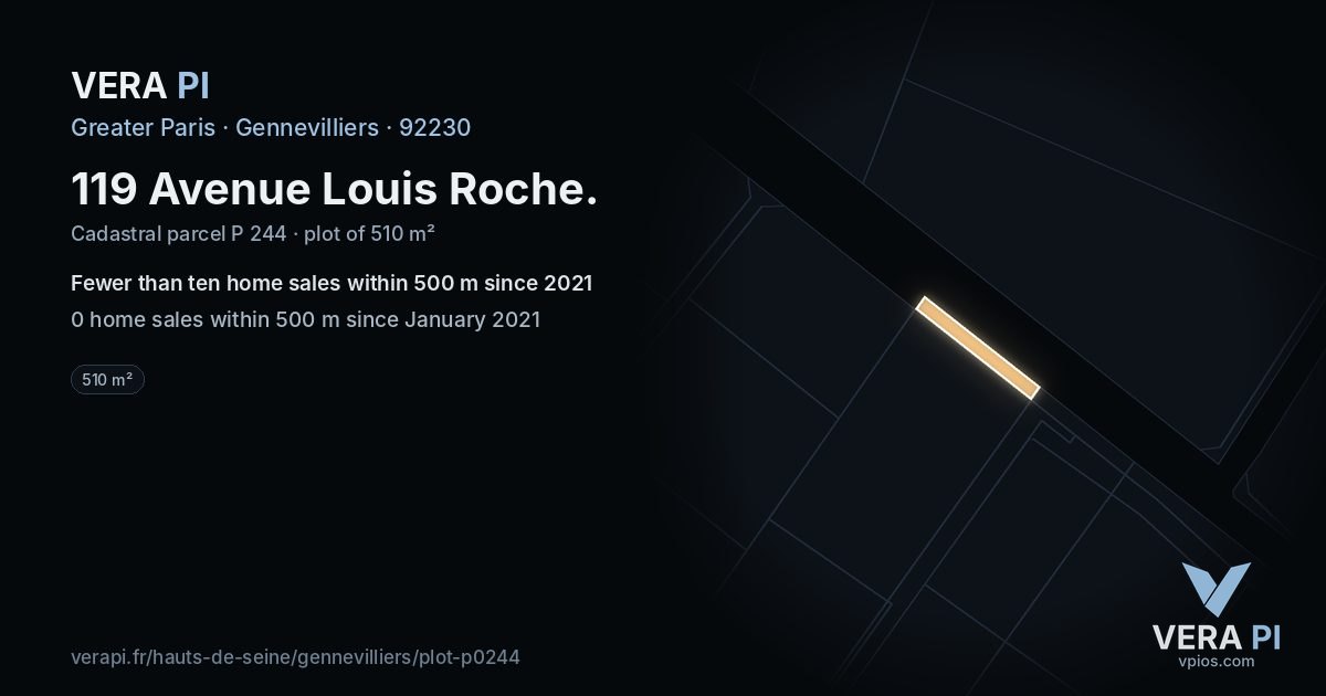 119 Avenue Louis Roche, Gennevilliers at night – the plot lit, the parcels around coloured by the prices near them