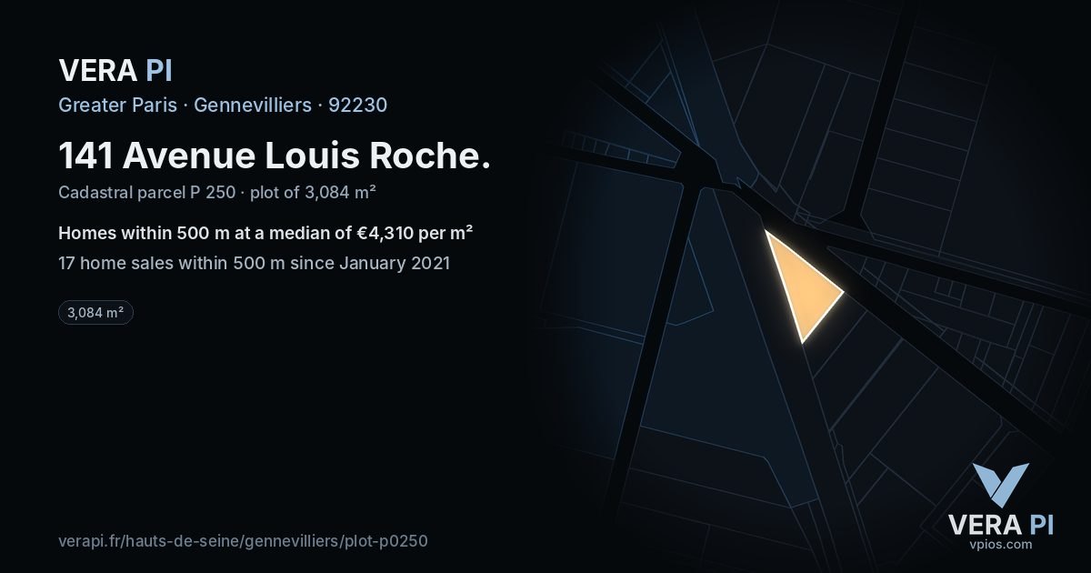 141 Avenue Louis Roche, Gennevilliers at night – the plot lit, the parcels around coloured by the prices near them