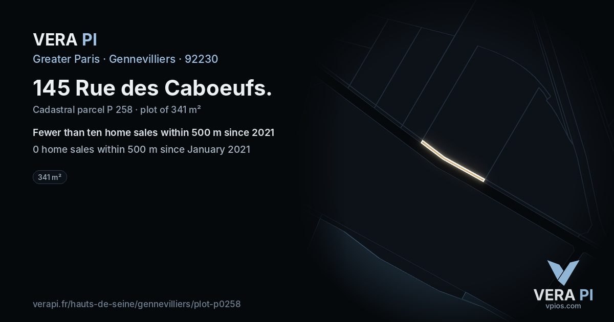 145 Rue des Caboeufs, Gennevilliers at night – the plot lit, the parcels around coloured by the prices near them