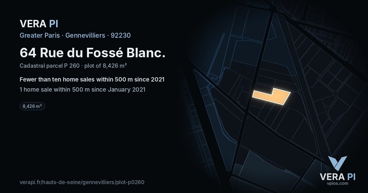64 Rue du Fossé Blanc, Gennevilliers at night – the plot lit, the parcels around coloured by the prices near them