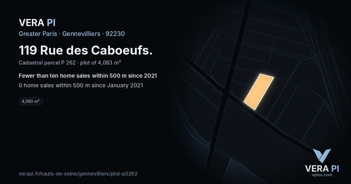 119 Rue des Caboeufs, Gennevilliers at night – the plot lit, the parcels around coloured by the prices near them