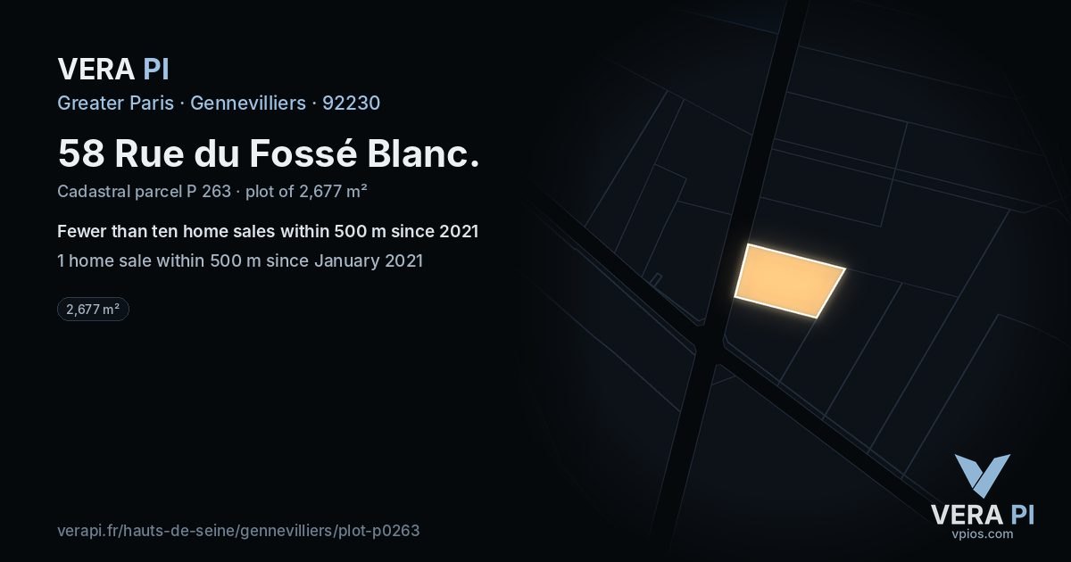 58 Rue du Fossé Blanc, Gennevilliers at night – the plot lit, the parcels around coloured by the prices near them