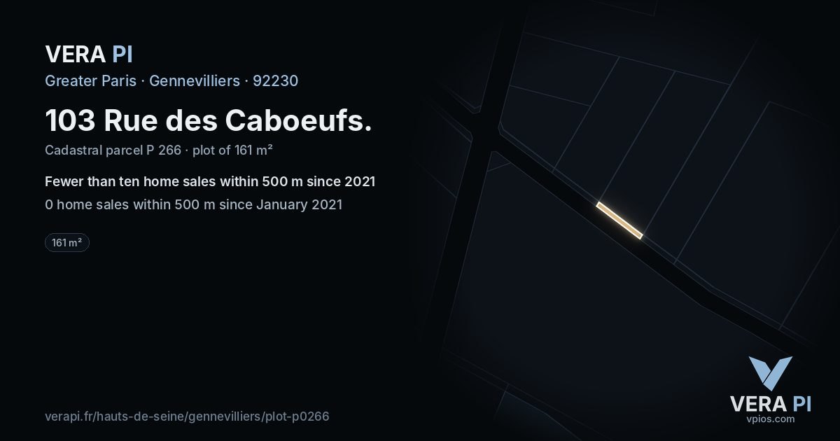 103 Rue des Caboeufs, Gennevilliers at night – the plot lit, the parcels around coloured by the prices near them