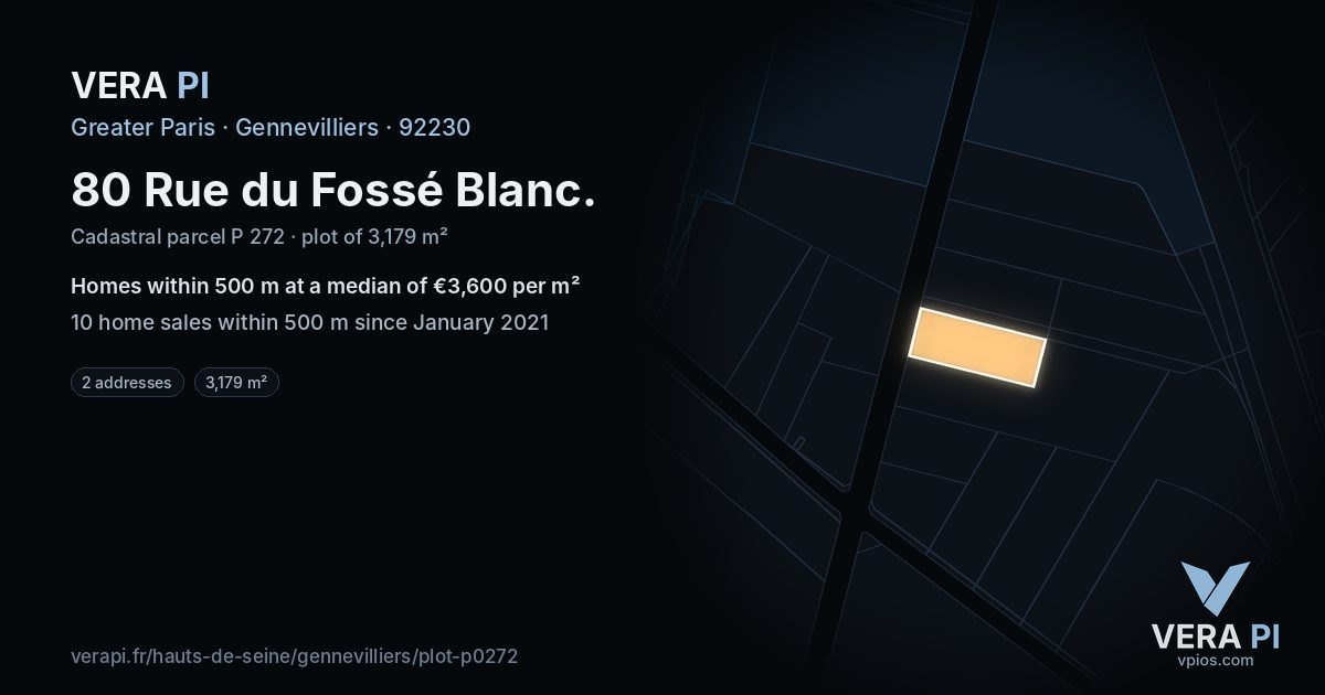 80 Rue du Fossé Blanc, Gennevilliers at night – the plot lit, the parcels around coloured by the prices near them