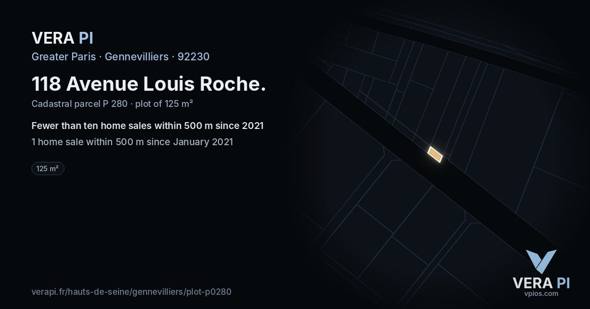 118 Avenue Louis Roche, Gennevilliers at night – the plot lit, the parcels around coloured by the prices near them