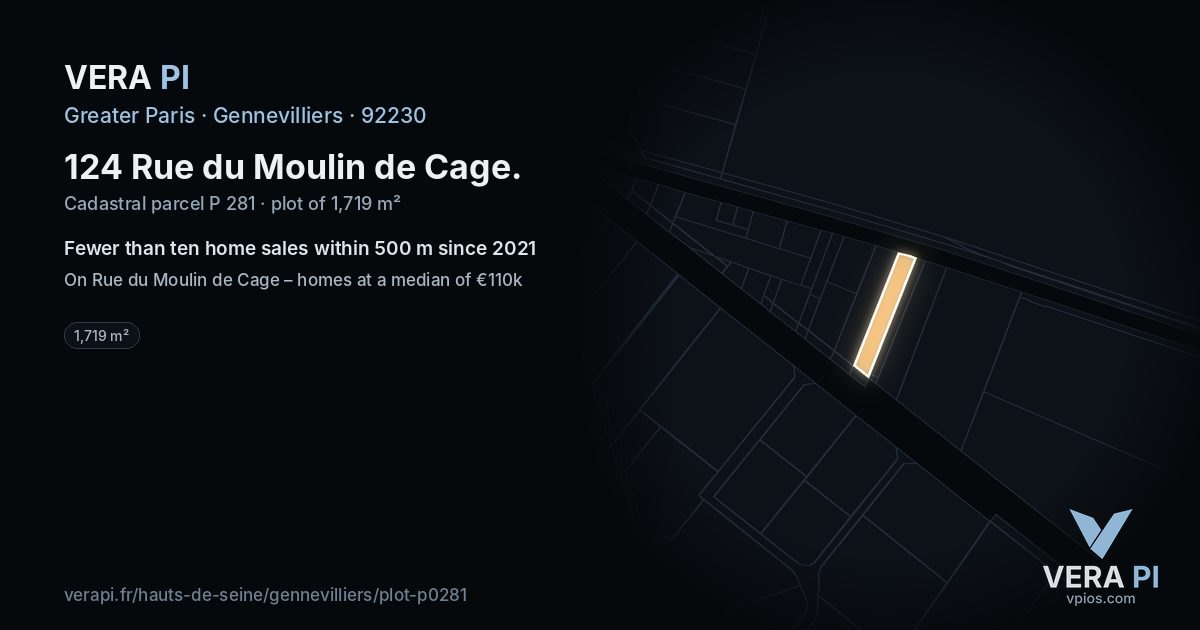 124 Rue du Moulin de Cage, Gennevilliers at night – the plot lit, the parcels around coloured by the prices near them