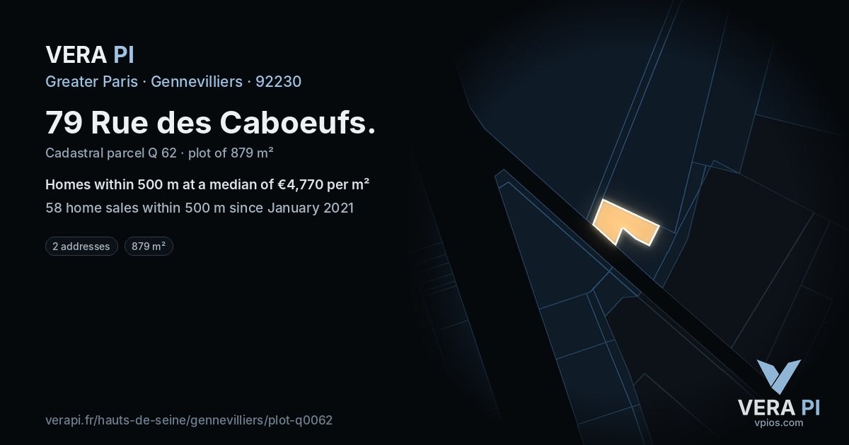 79 Rue des Caboeufs, Gennevilliers at night – the plot lit, the parcels around coloured by the prices near them